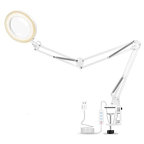 Magnifying Glass LED Lamp, 5X Magnifier Desk Lamp with Three-Section 36” Adjustable Swing Arm Lamp, 3 Colors Dimmable 4.13″ Diameter Magnifying Lamp for Reading Rework Craft Or Workbench