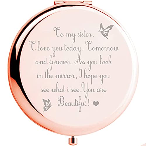 ZOORON Sister Gifts from Sister Brother, Sisters Birthday Gift Ideas, Rose Gold Compact Mirror with Treasured Message for Birthday, Christmas, Graduation and Special Celebration