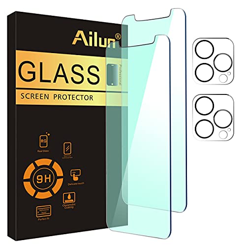 Ailun [Eye Protection] Anti Blue Light Screen Protector for iPhone 12 Pro Max 2 Pack [6.7 inch]+ 2 Pack Camera Lens Protector, Case Friendly Tempered Glass Film,[9H Hardness] – HD