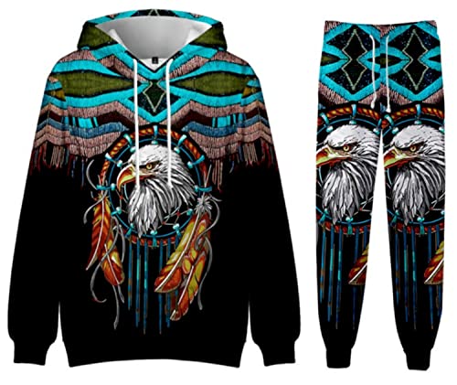 SIAOMA Native Americans Hooded Hoodie Sweatpant Suit Tracksuit Outfits for Men Women(Eagle,Large)