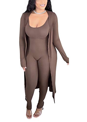 Cosygal Women’s Casual 2 Piece Outfits Long Cardigan and Bodycon Tank Jumpsuit Romper Set Brown Medium