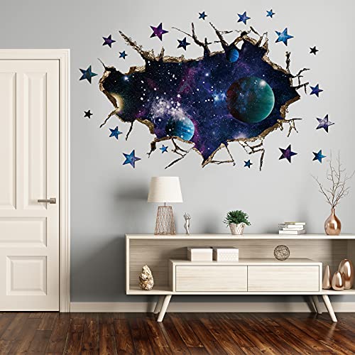 3D Galaxy Blue Cosmic Milky Way Wall Stickers, HOLENGS Outer Space Planets Simulation Crack Hole Wall Decals, Starry Sky Wall Decor for Boys Kids Bedroom Living Room Nursery Wall Decoration