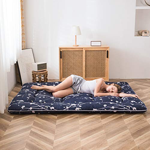Navy Floral Printed Japanese Floor Mattress Rustic Style Memory Foam Futon Mattress Foldable Bed Roll Up Camping Mattress Floor Lounger Bed Couches and Sofas 4 Inch Mattress Topper King Size