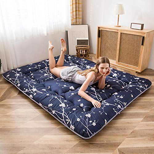 Navy Floral Printed Japanese Floor Mattress Rustic Style Memory Foam Futon Mattress Foldable Bed Roll Up Camping Mattress Floor Lounger Bed Couches and Sofas 4 Inch Mattress Topper King Size | The Storepaperoomates Retail Market - Fast Affordable Shopping