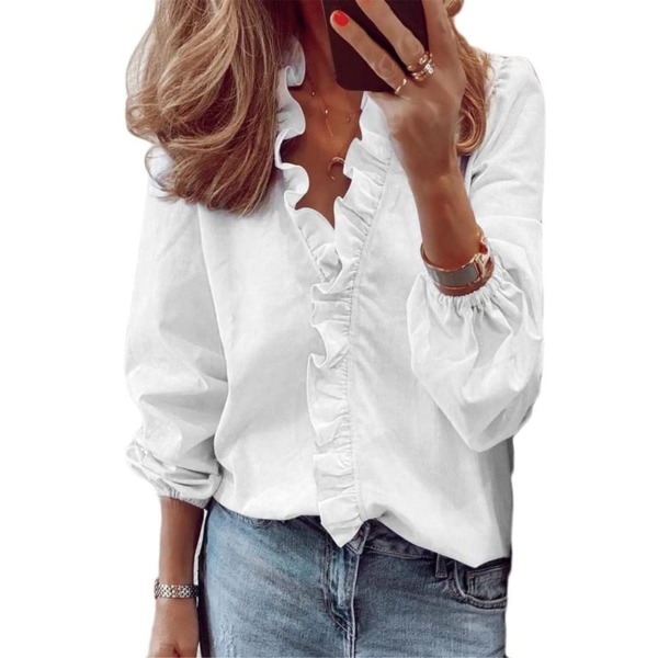 Andongnywell Wonem Casual Solid Color Ruffle Collar Long Sleeve Ruffle Blouse V Neck Short Sleeve Shirt Tops (White,X-Large,)