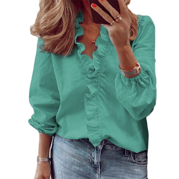 Andongnywell Casual Solid Color Ruffle Collar Long Sleeve Ruffle Shirt Blouse V Neck Short Sleeve Shirt Top Green