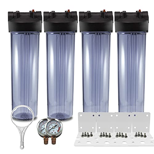 4 Pack Max Water Whole House 20″ x4.5″ Purple Clear WH Water Filter Housing 1 inch Inlet/Outlet Ports with 2X Pressure Gauge, Wrench and 4X Bracket