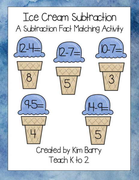 Ice Cream Cones Subtraction Fact Matching Activity