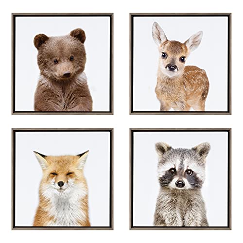 Kate and Laurel Sylvie Woodland Animals Collection Framed Canvas Wall Art by Amy Peterson Art Studio, Set of 4, 13×13 Gray, Decorative Animal Art for Wall