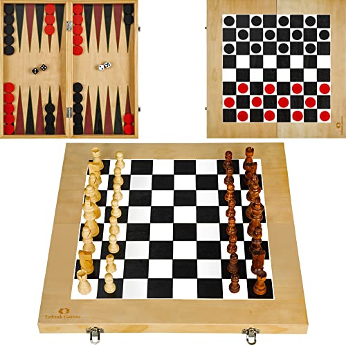Leksak Games 16” Wooden Chess Checkers Backgammon Set – 3 in 1 Board Games – Portable Travel Case Folding Board – Beginner Chess Set for Kids and Adults – 30 Checkers Pieces