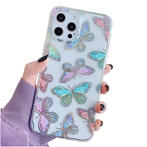 ooooops Compatible with iPhone 12/12 Pro Case for Women Girls, Glitter Red Purple Blue Green Colorful Wings,Slim Soft Border Hard Panel Protective Phone Case Cover for iPhone 12 12Pro 6.1(Butterfly)
