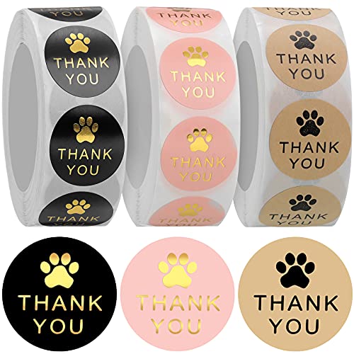 1500 Pieces Round Kraft Paw Print Thank You Labels Stickers, Dog Paw Print Thank You Labels for Shipping Mailers, Bags, Boxes, Tags, Greeting Cards, Present for Sealing and Decoration, 3 Rolls