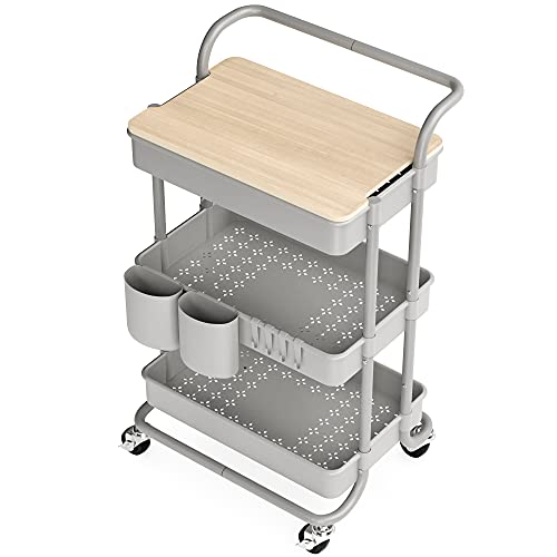 3 Tier Rolling Cart, with Table Top, Rolling Storage Cart with Handles and Locking Wheels, Utility Cart with 2 Small Baskets and 4 Hooks for Bathroom. Office, Balcony, Living Room (Grey)