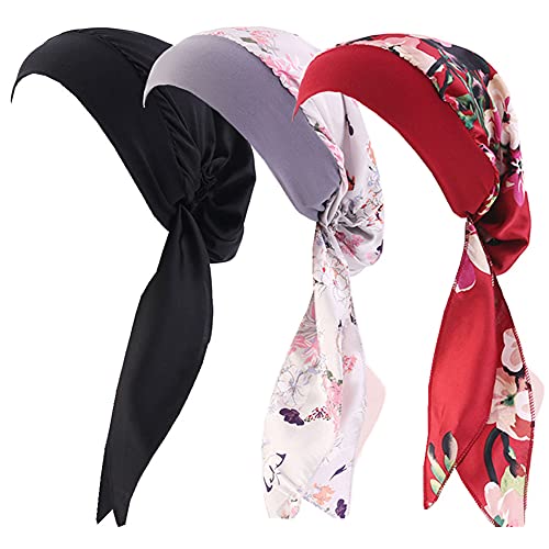 CCCHO Women Vintage Silky Turbans Bonnet Elastic Wide Band Multifunction Printing Hat Chemo Hair Loss Cap (A2-A3black+Grey+Wine)