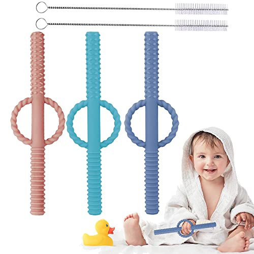 3 Pieces Teething Tubes Hollow Teether Toys with Safety Shield for Sensory Exploration and Teething Relief – Safe Chewing Tubes for Babies, Infants & Toddlers – Designed