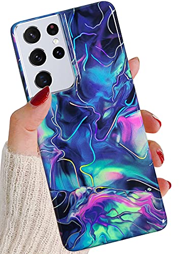 J.west Galaxy S21 Ultra Case 5G 6.8-inch, Fashion Watercolor Case for Girls Women Unique Shiny Metallic Graphics Marble Print Design Slim Soft TPU Silicone Stylish Protective Phone Case Cover (Blue)