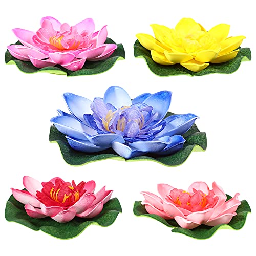 VOSAREA 5PCS Artificial Water Lily Floating Foam Lotus Flowers Decor for Ponds Patio Pond Pool Aquarium Home Garden Wedding Christmas Party Holiday Event