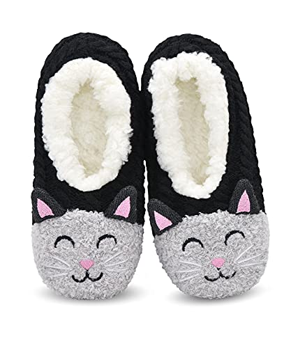 Womens Cozy&Warm Animal Slipper Socks with Grippers-House Socks(Black Cat, 8-10)
