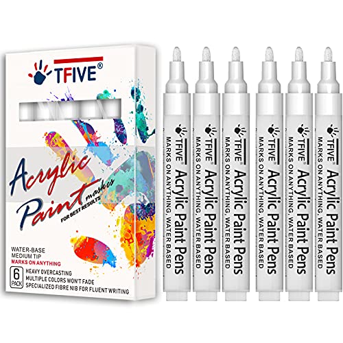 White Acrylic Paint Marker Pens – 2-3mm Medium Tip, 6 Pack Permanent White Water Based Paint Pen for DIY Projects, Paintings for Rock, Fabric, Wood, Leather, Metal, Ceramics, Paper, Glass, Plastic