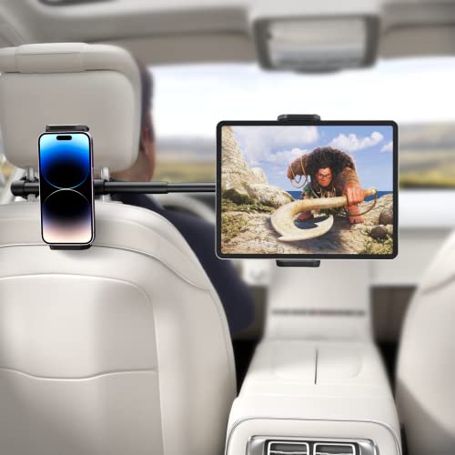 Car Headrest Tablet Mount Holder: Double Cradles Backseat Stand with Extension Arm for Kids Compatible Phone | iPad Pro Air Mini | Galaxy Tabs | Kindle Fire HD | Switch Lite & Other 4.7-12.9″ Device