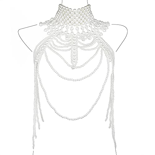 CCbodily Pearl Body Chain Bra – Fashion Shoulder Necklaces Bra Chain Body Jewelry(E-WHITE)