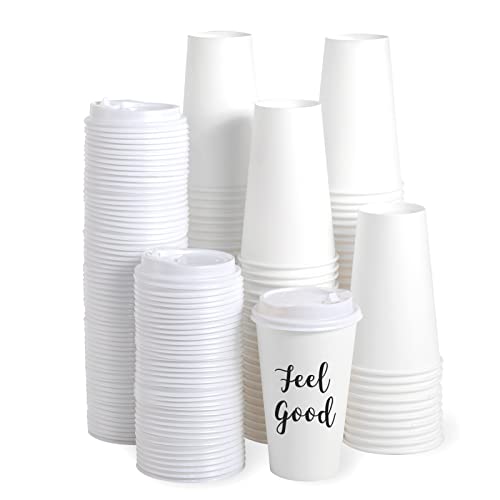 JOLLY PARTY [100 Pack] 16 oz Paper Coffee Cups, Disposable Paper Coffee Cup with Lids, Hot/Cold Beverage Drinking Cup for Water, Juice, Coffee or Tea, Suitable for Home, Shops and Cafes