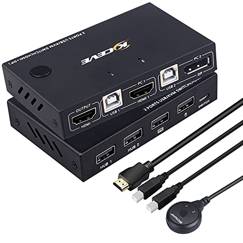 KVM Switch Displayport HDMI 2 Port Box, MLEEDA KVM Switches for 2 Computers Share one Keyboard Mouse Printer and 1 Monitor,with The Function of DP to HDMI,No External Power Supply Required
