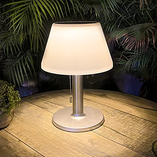 shumi Solar Table Lamp Outdoor Indoor – 3 Lighting Modes, Eye-Caring LED Waterproof Cordless Solar Desk Lamp with Pull Chain for Outside Patio Garden Bedroom Living Room(White Modern Decor)