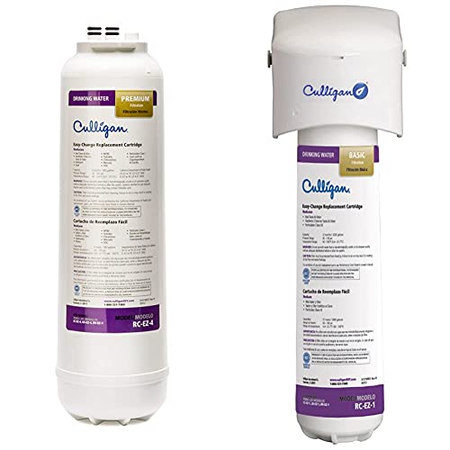 Culligan RC 4 EZ-Change Water Filtration Replacement Cartridge, 500 Gallons, 1 Count (Pack of 1), White & IC 1 EZ-Change Basic Inline Icemaker and Refrigerator Filtration System, 1 Count (Pack of 1)