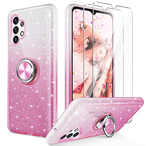 KSWOUS Galaxy A32 5G Case with 2 Pack Screen Protector, Crystal Clear Glitter Sparkly Bling Pink Protective Cover with Kickstand for Women Girls Slim Shockproof Case for Samsung A32 5G (Pink)