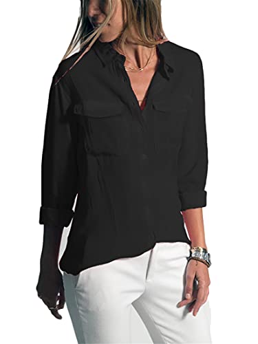 Andongnywell Women’s Casual Lapel Tops Shirt Collar Blouses Long Sleeve Button Down Pocket Tees Blouse (Black,XX-Large,)