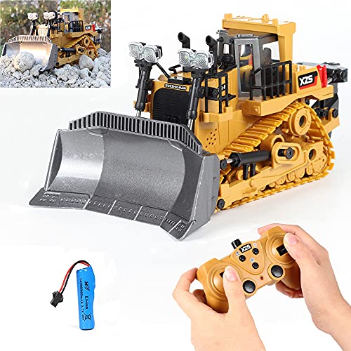 Remote Control Construction Toy, Remote Control Bulldozer Toys Car 9 Channel 1:24 Hobby RC Trucks Caterpillar Aluminum Alloy Rc Front Loader 4WD for 4-15 Years Old Boys Kids Gift (Alloy bulldozer)