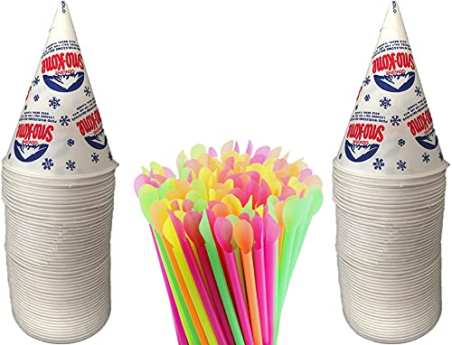 Concession Essentials 200 Count 6oz Snow Cone Cups with 200 8″ Neon Spoon Straws
