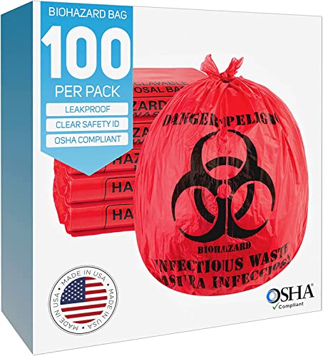 Biohazard Waste Bags 10-Gallon 24×24 Red Hazardous Trash Can Liners – Medical Grade No Leak Bags – Biohazard Symbol for Safe Infectious Waste Disposal. Great for Lab Containers, Swabs, Pads, Gloves (100 pack)