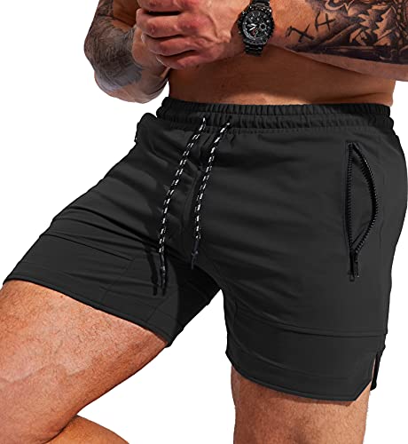 Pudolla Men’s Gym Workout Shorts Weightlifting Squatting Shorts for Men Bodybuilding Training Jogger with Zipper Pockets(Black Large)
