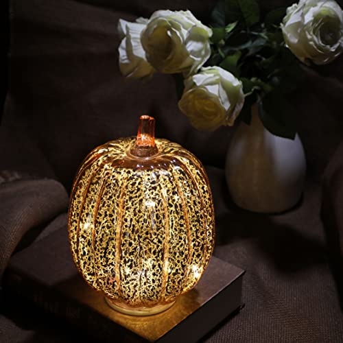 Romingo Mercury Glass Pumpkin Light with Timer for Halloween Pumpkin Decorations Fall and Thanksgiving Decor, Rose Gold, 7.5 inches