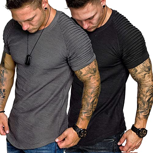 COOFANDY Mens 2 Pack Pleated Muscle T-Shirt Fashion Hip Hop Clothes Bodybuilding Tshirts (Black/Grey XXL)