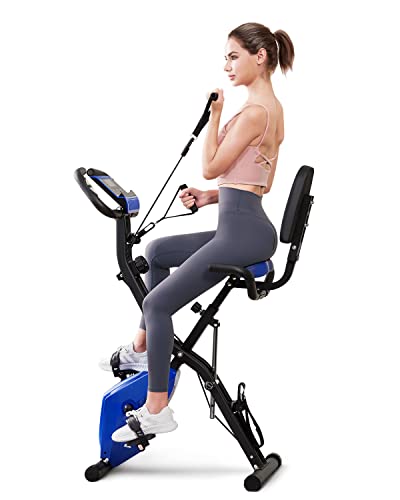 Exercise Bike, WHTOR Stationary Bike 4 in 1 Foldable Exercise Bike for Home with Pulse Sensor and 16 Level Adjustable Magnetic, Workout Cycling Bike for Seniors, Upright Bike with Arm and Leg Resistance Band
