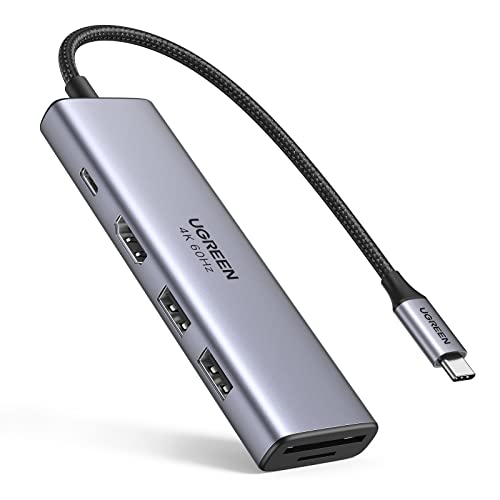 UGREEN USB C Hub 4K 60Hz, 6-in-1 USB C to USB Adapter with 100W PD, HDMI Adapter, USB3.0, SD/TF Card Reader, USB-C Multiport Adapter Type C Dongle for MacBook Pro Air, iPad Pro, TV, Dell, HP, Samsung