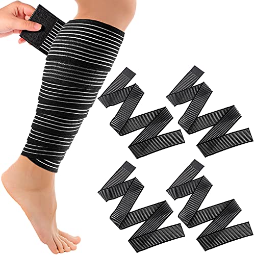 Elastic Calf Compression Bandage Leg Compression Sleeve for Men and Women, Compression Wraps Lower Legs for Stabilising Ligament, Joint Pain, Sport, Adjustable Black (4 Pieces,180 cm)