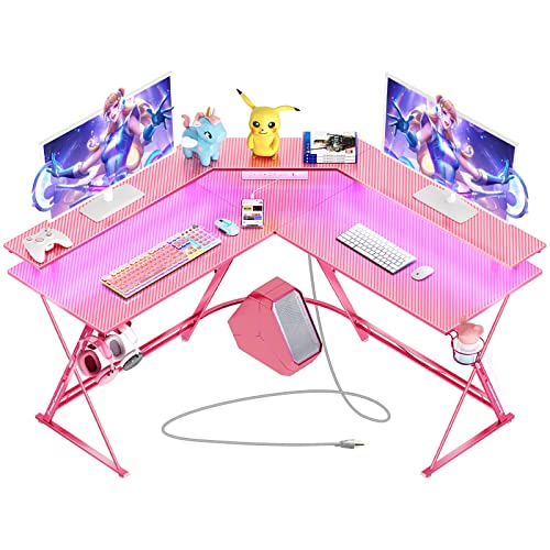 SEVEN WARRIOR Gaming Desk 50.4” with LED Lights& Power Outlets, L-Shaped Gaming Desk Carbon Fiber Surface with Monitor Stand, Ergonomic Pink Gaming Desk with Cup Holder, Headphone Hook