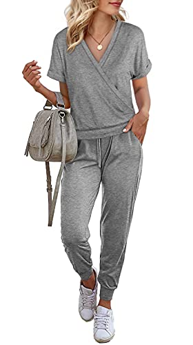 Womens Two Piece Outfits,Short Sleeve Loungewear for Women Summer Tops and Drawstring Pants with Pocket,Grey,L