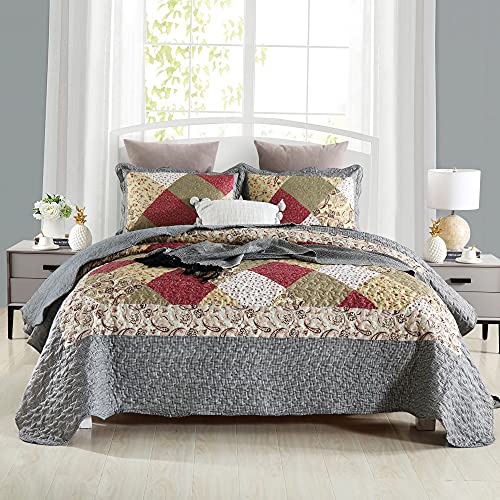 Autumn Dream Reversible Patchwork Bedspread Quilt Set, 3 Pieces Coverlet Set, Red Grey Paisley Floral Pattern Bedspread, Queen Size