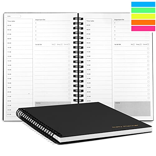 QICENCK Undated Daily Planner, 7.6″x10.2″, Hourly Planner, To Do List Planner Notebook, Time Management Manual and Planner with Colorful Sticky Index Tabs, Black