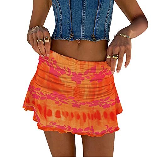 Women y2k Skirt, Solid Color High-Waist Ruffle Short Skirt Stretchy Skater Tennis Active Skirts (Orange Floral, Small)