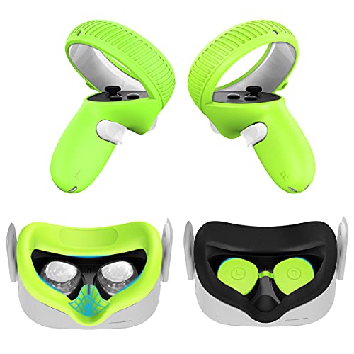 [3in1] for Oculus Quest 2 Accessories, Quest 2 VR Waterproof Silicone Face Cover Pad Controller Grip Fall Protection Case and Protective Lens Cover Washable, Anti-Leakage Ergonomic Design (Green)
