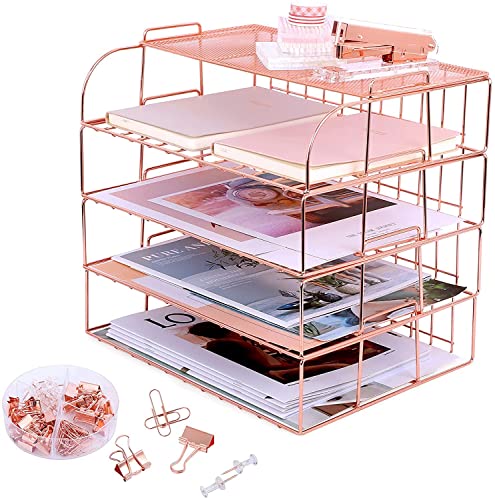 Rose Gold Desk Organizer, 4 Tier Paper Organizers for Office Stackable Letter Tray with Binder Clips, Paper Clips and Push Pins(Rose Gold)