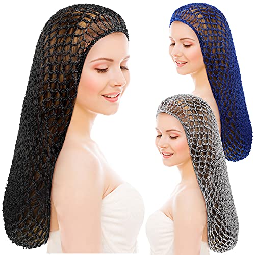 Waydress 3 Pieces Mesh Crochet Hair Net Crocheted Hair Net Cap Soft Rayon Snood Hat 20 Inch Sleeping Cap Hair Accessories for Women (Black, Gray, Sapphire)
