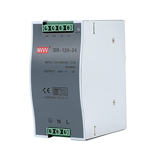 NVVV DR-120-24 AC to DC DIN-Rail Power Supply, 24V, 5 Amp, 120W, 1.5 inches, Silver+Grey