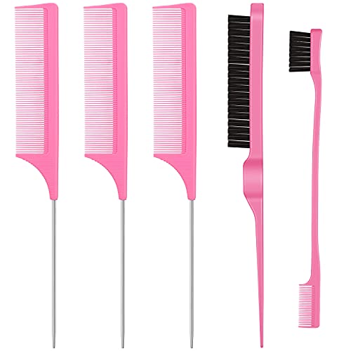 5 Pieces Rat Tail Comb with Stainless Steel Long Tail Soft Glossy Teasing Brush Gentle Edge Brush Beauty Salon Daily Use Styling Tools for Men and Women Home Hair Salon Use (Pink)